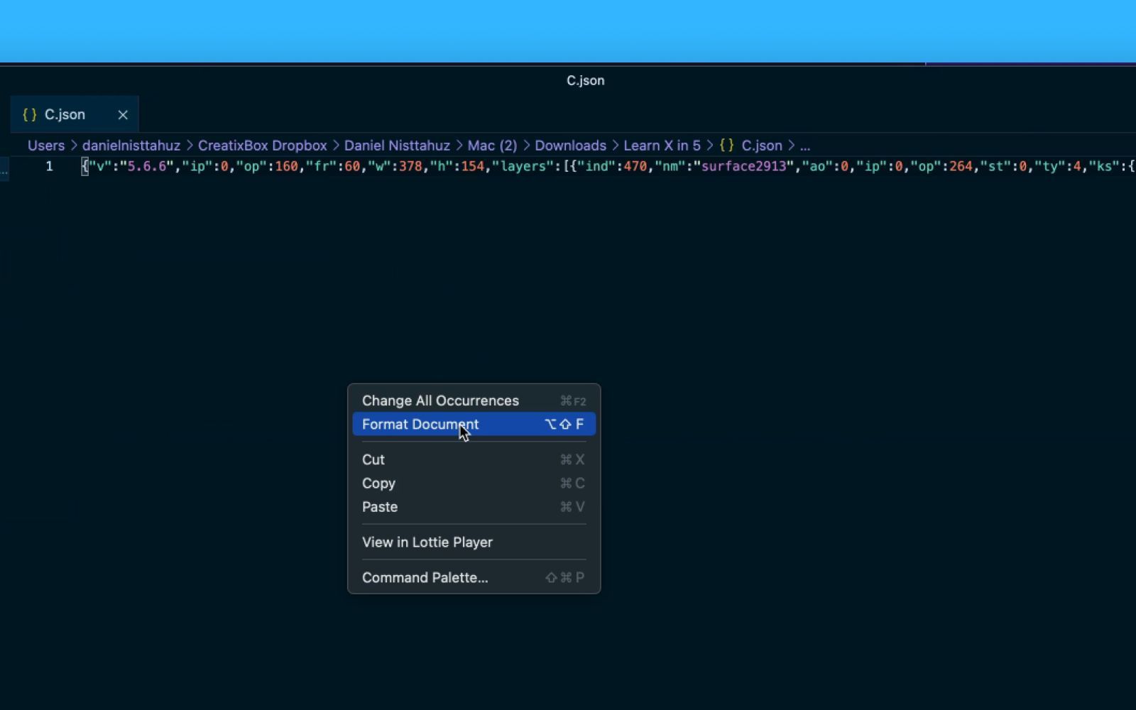 Formatea el documento JSON en VS Code